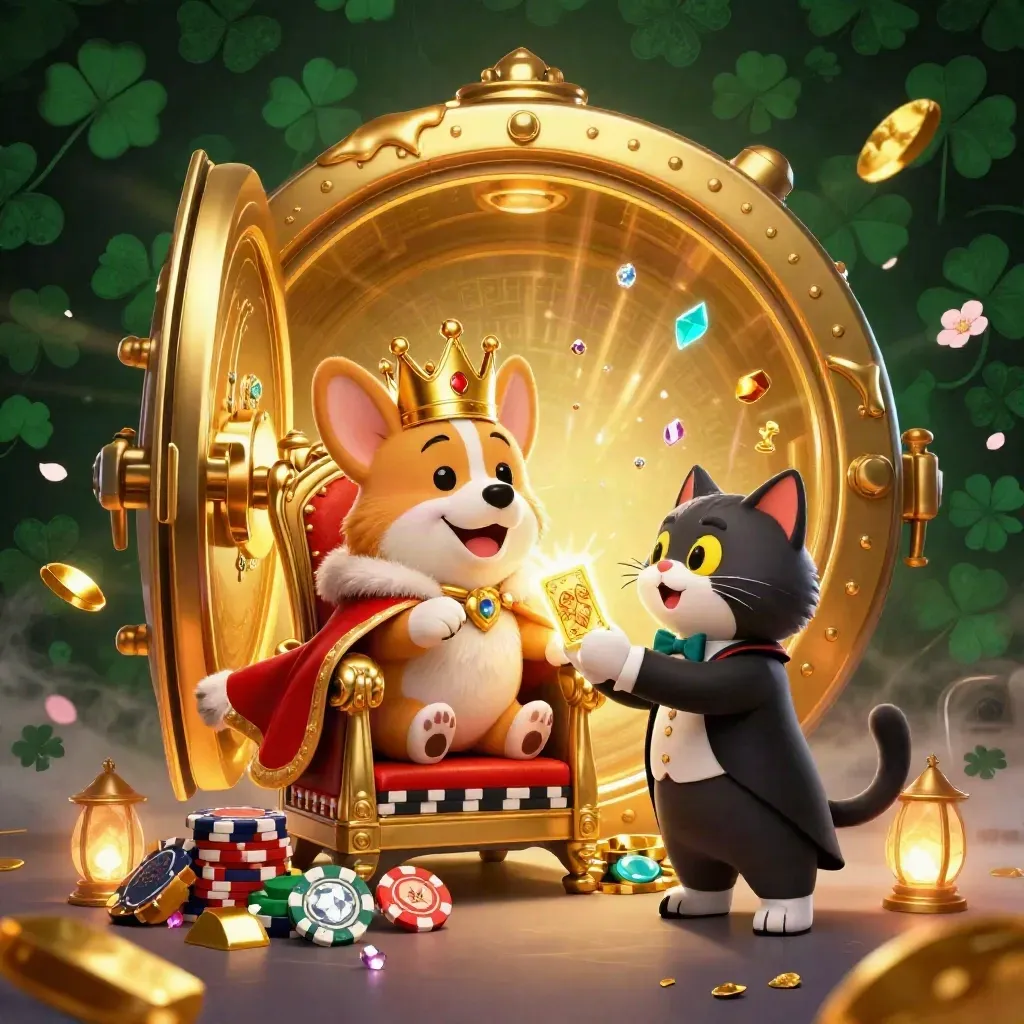 Royal corgi king and cat butler burst treasure from a golden vault on a neon-cyan casino stage.