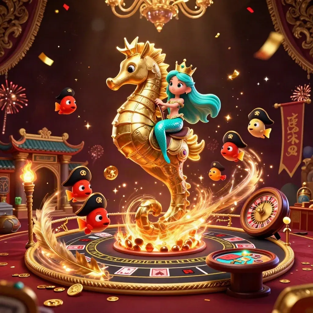 Mermaid princess on armored seahorse amid casino fantasy lights and gold, pirate fish nearby