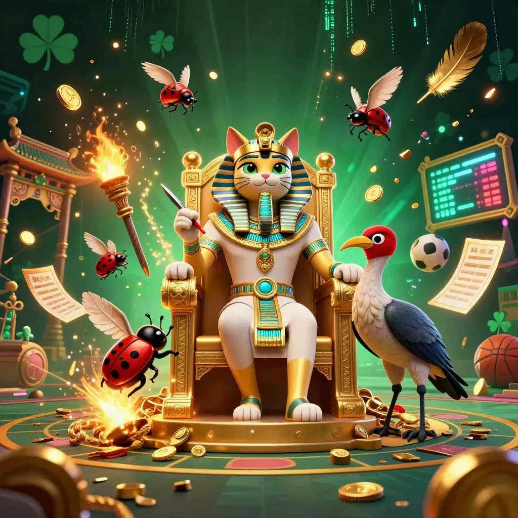 Pharaoh cat, ibis scribe, and gem-wing scarabs amid exploding gold coins and neon casino energy.