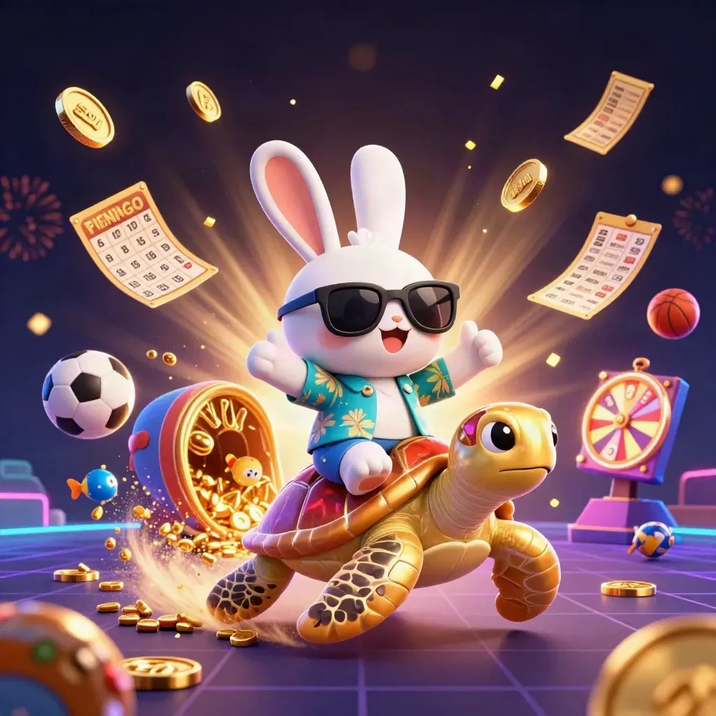 Lucky rabbit on golden sea turtle amid coins, fireworks, lottery balls, prize wheel and neon casino glow