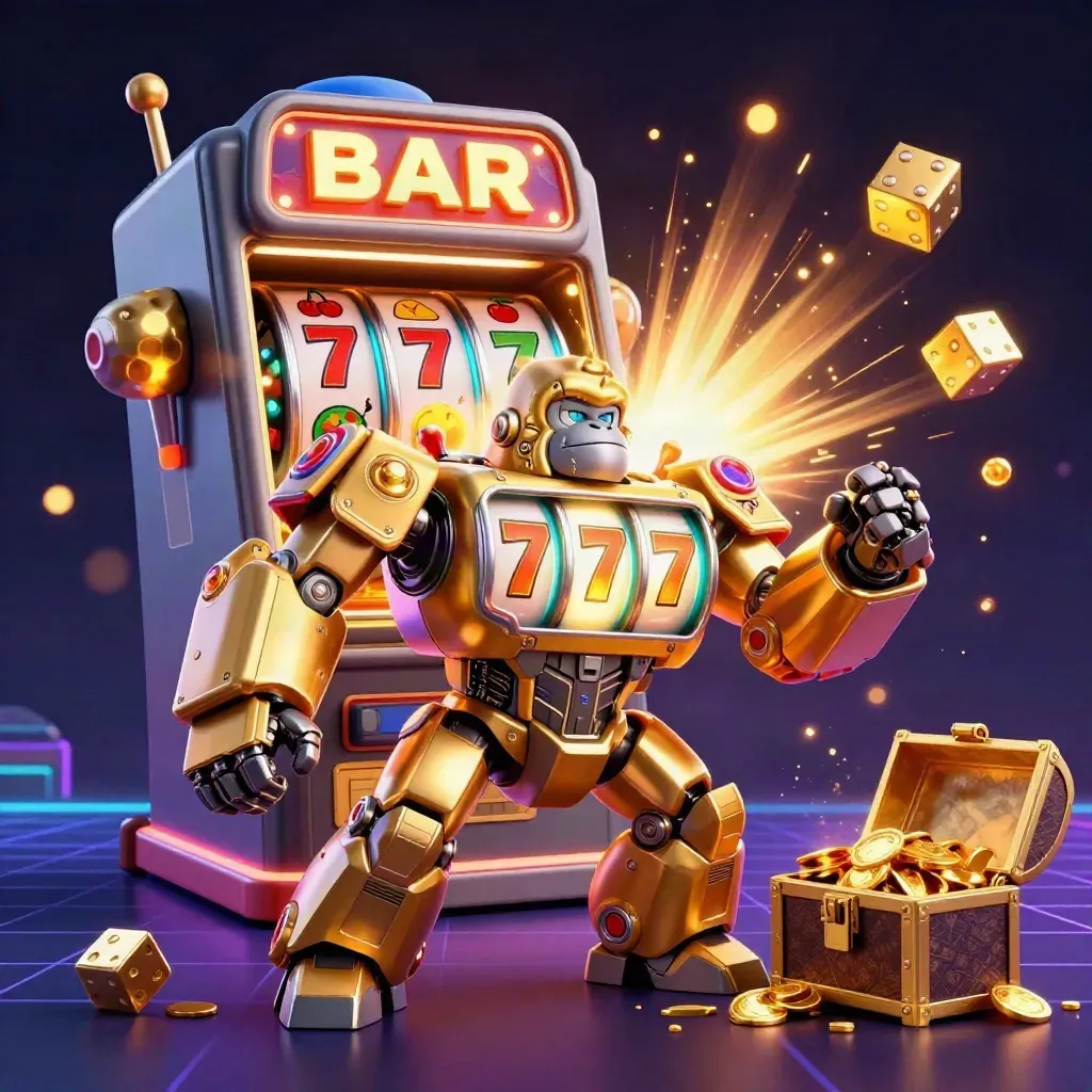 Golden gorilla slot mech with monkey pilot, jackpot burst, neon cyan casino chaos