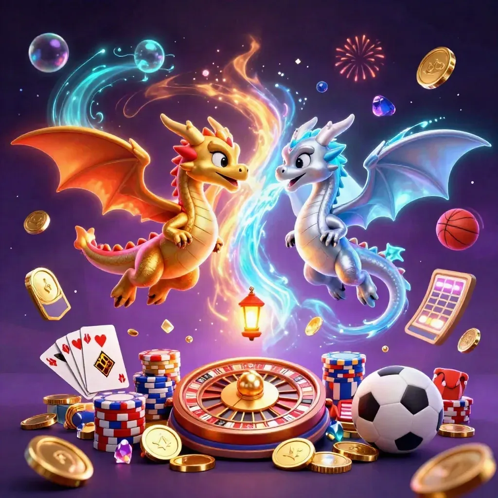 Twin gold and silver dragons form a yin-yang blast amid coins, chips, cards, and neon casino glow.