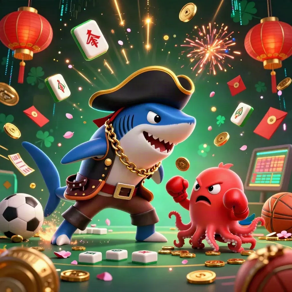 Pirate shark, boxing pufferfish and octopus amid gold coin burst and neon casino energy