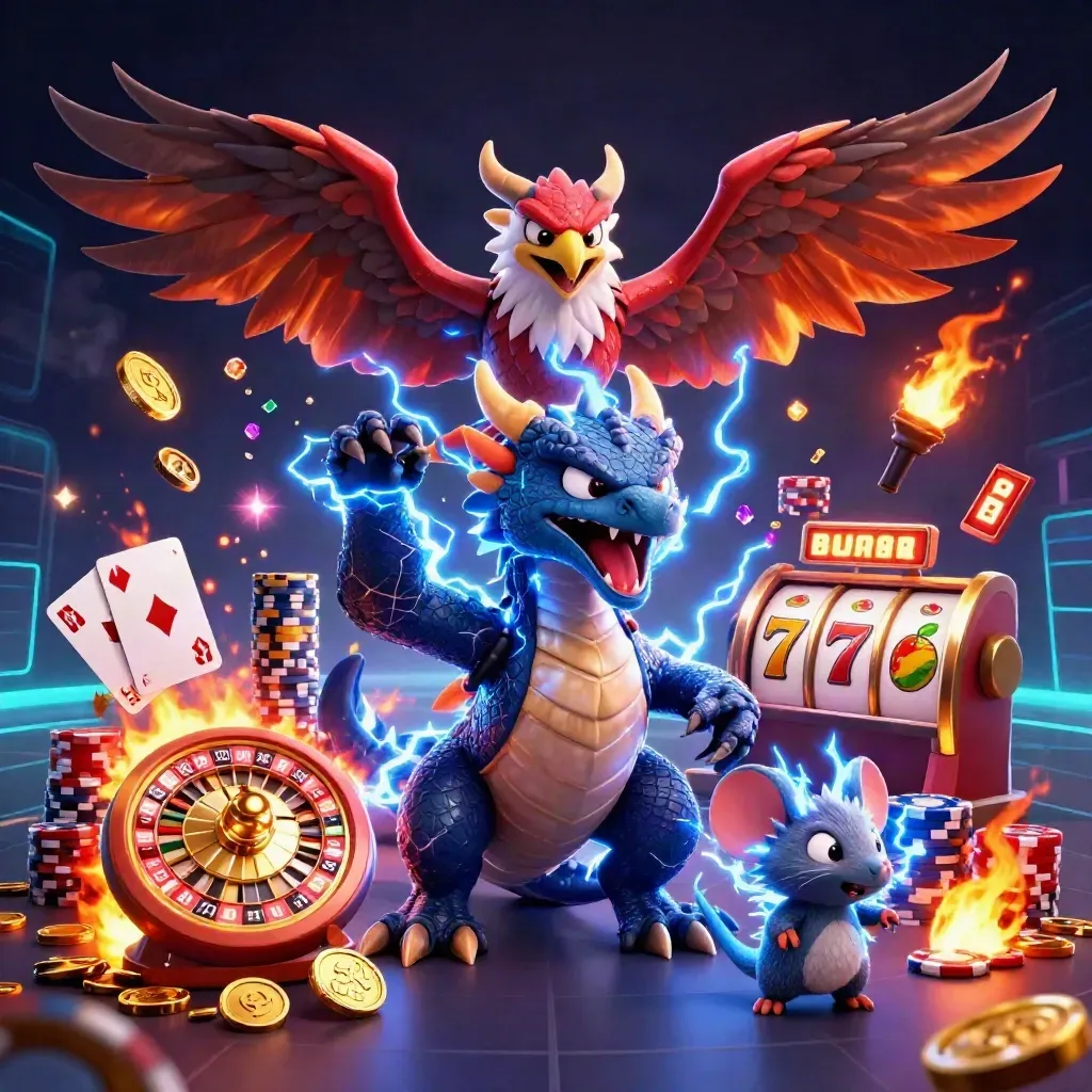 Thunder dragon, wind hawk and static mouse amid casino coins, chips and roulette glow.