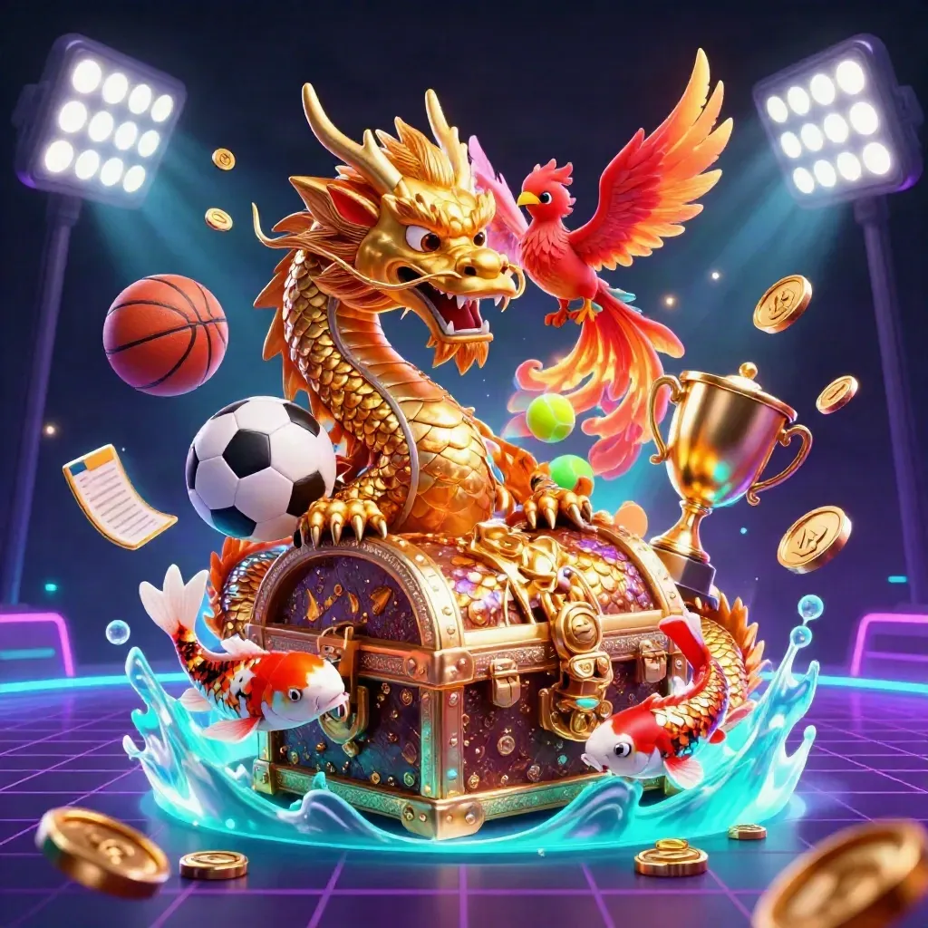 Golden dragon, phoenix, and koi amid sports balls, trophy, coins, and neon stadium lights