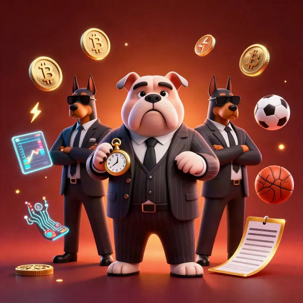 Bulldog boss and two Doberman guards amid glowing crypto coins and esports props.