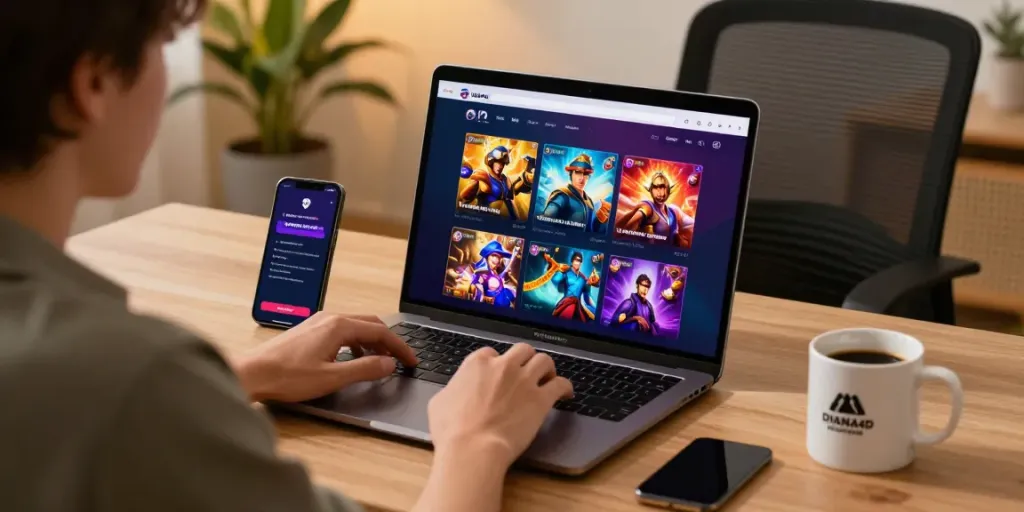 Pengguna menikmati platform game online DIANA4D, menampilkan antarmuka yang modern dan beragam pilihan permainan.