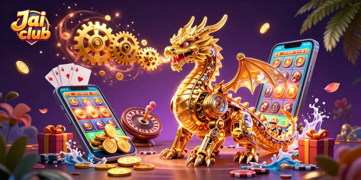 Engage with Jai club's immersive gaming world through a golden dragon and vibrant casino elements.