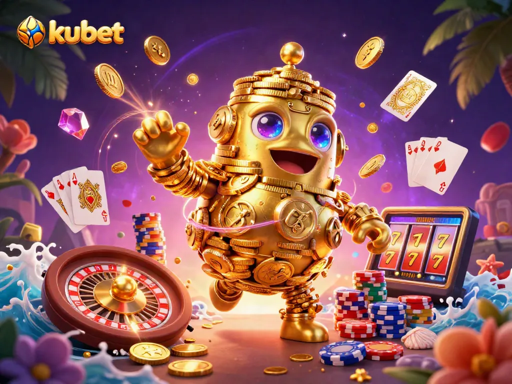 Kubet offers an energetic casino experience with a golden golem amidst cascading coins and vibrant game elements.