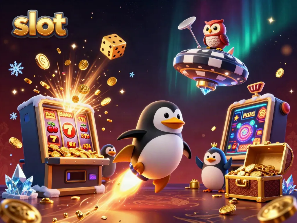 Experience thrilling slot action with a golden penguin and casino explosion in space!