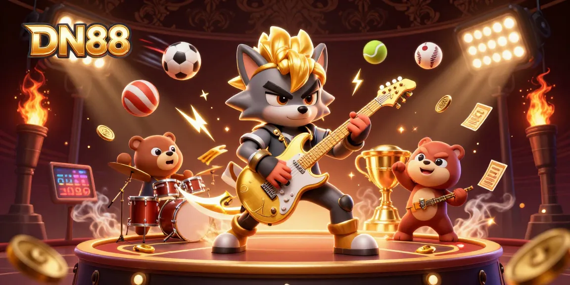 Experience thrilling gaming at DN88 with a rock star wolf and drummer bear on stage amidst dynamic sports elements.