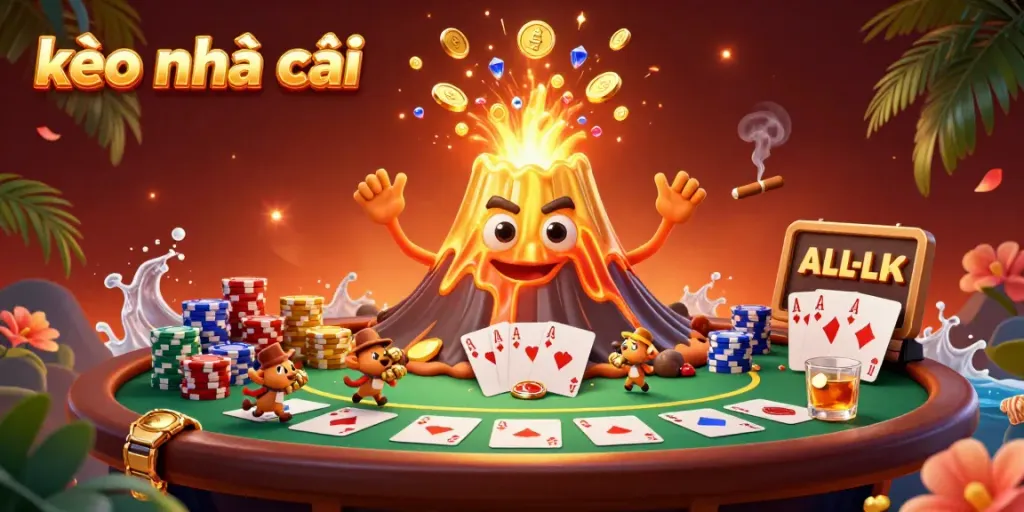 Experience the vibrant world of kèo nhà cái with a golden volcano erupting coins and treasure in a dynamic poker scene.