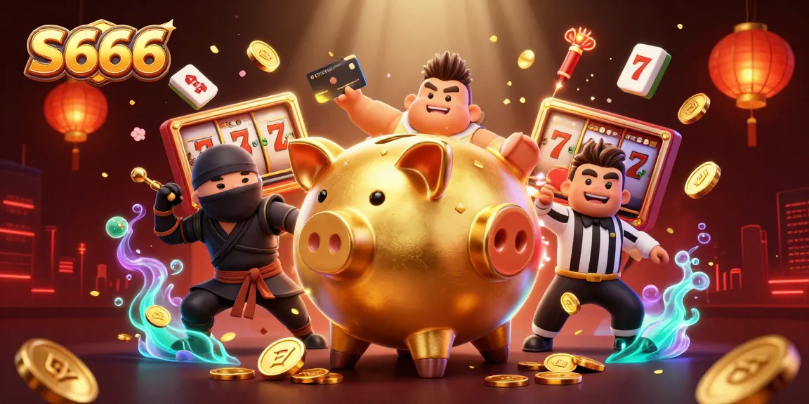 Experience the thrill of S666 as a golden piggy bank sumo wrestler unleashes riches in a vibrant casino scene.