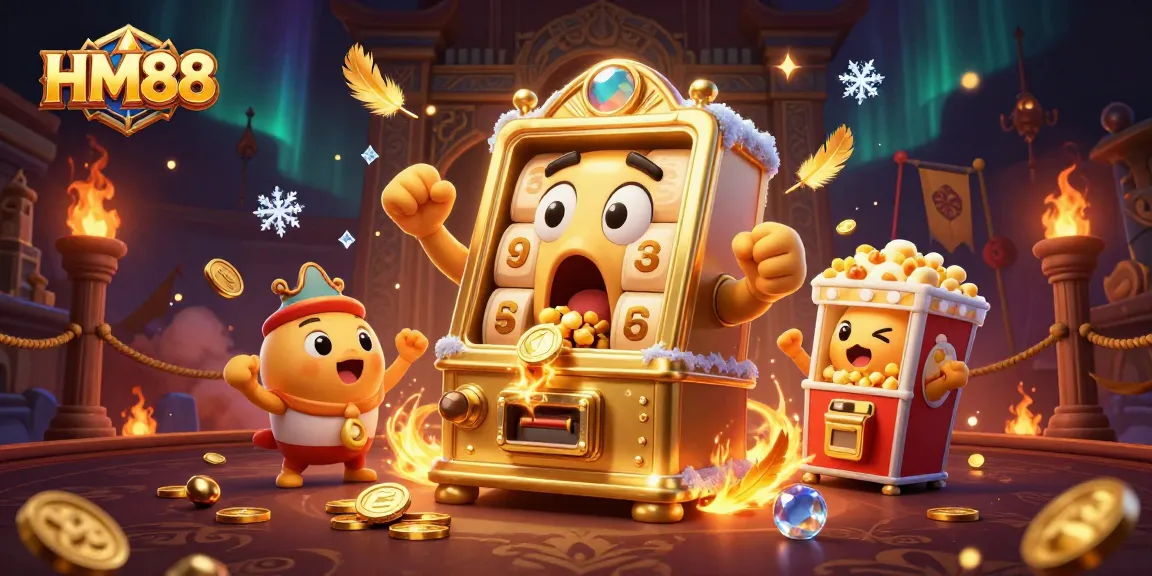 HM88 slot machine hitting jackpot while coins fly out, creating excitement in the casino atmosphere.