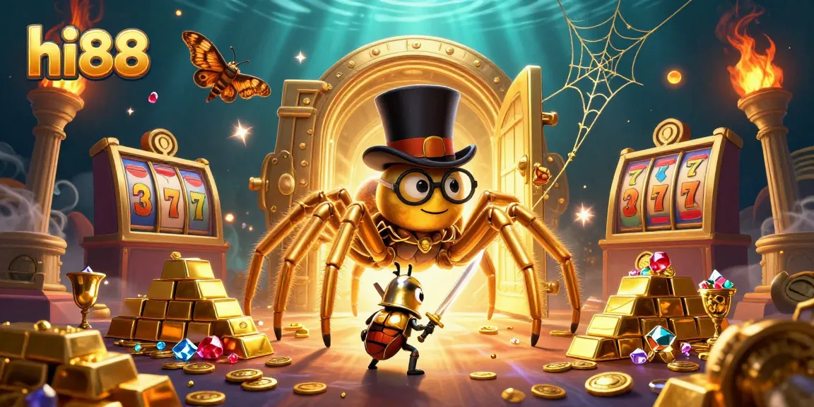 Experience excitement at hi88 with casino-themed 3D illustration showcasing gold treasures and vibrant characters.