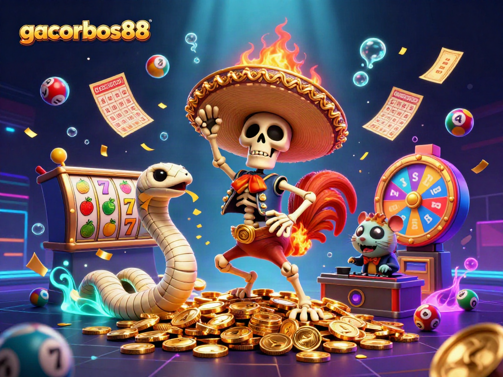 Experience gacorbos88's excitement with a vibrant victory dance surrounded by dynamic casino elements.