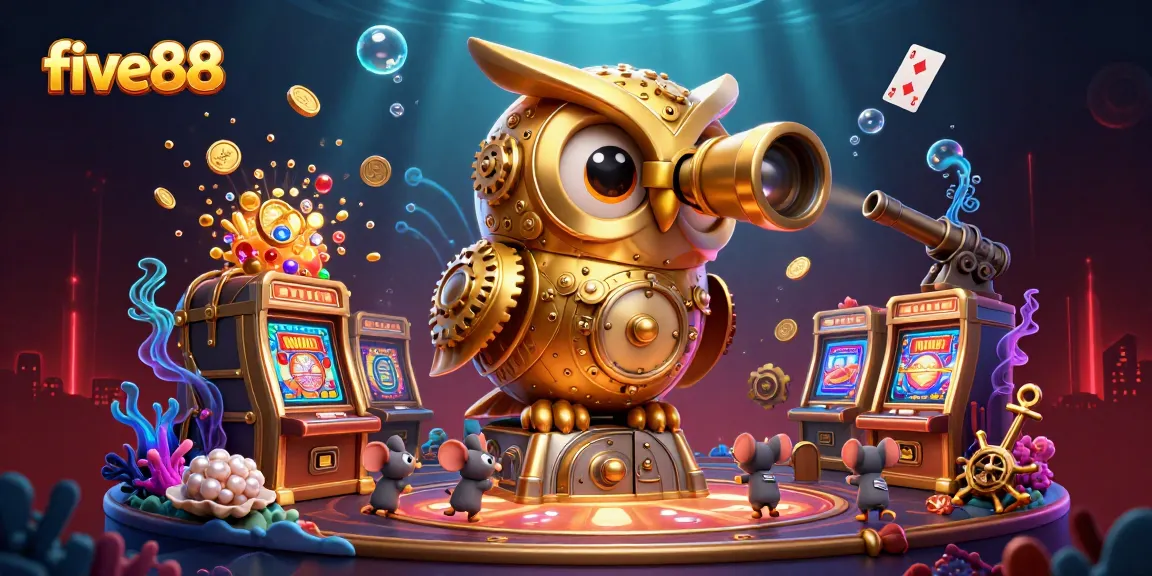 Players explore five88's captivating casino scene with glowing treasures and lively characters ready for action.