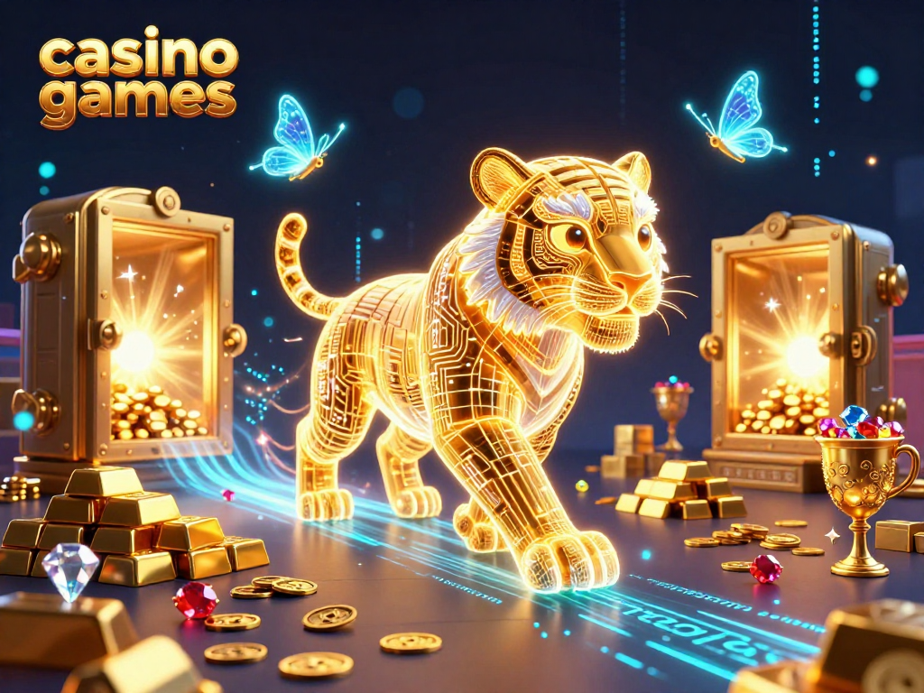 Engaging casino games scene featuring a neon-wireframe tiger and holographic butterflies in a digital casino landscape.