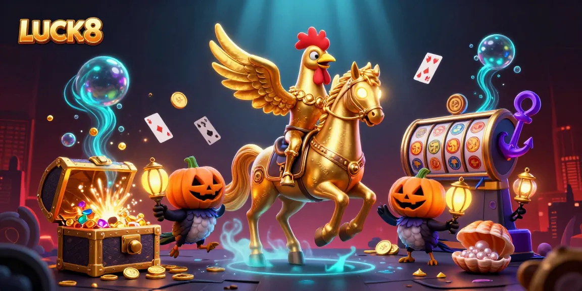 Experience the excitement of LUCK8 with a vibrant, dynamic casino scene featuring a golden rooster and treasure-filled underwater elements.