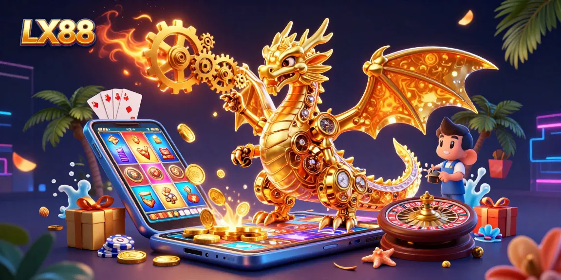 Experience the excitement of LX88 gaming with a fantasy dragon amidst spinning slot games and vibrant casino elements.