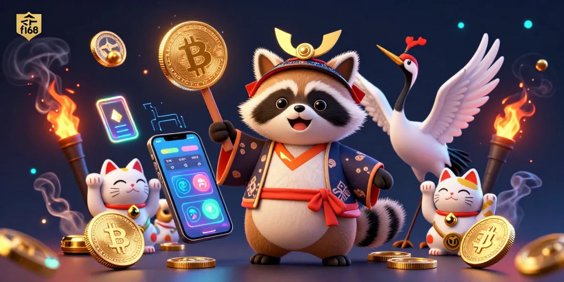 Experience the thrill of f168 with a vibrant scene featuring a lucky tanuki and cryptocurrency visuals.