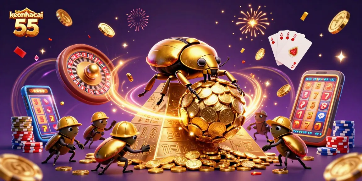 Engage with keonhacai 55 in this vibrant casino scene featuring golden beetles and plentiful coins.