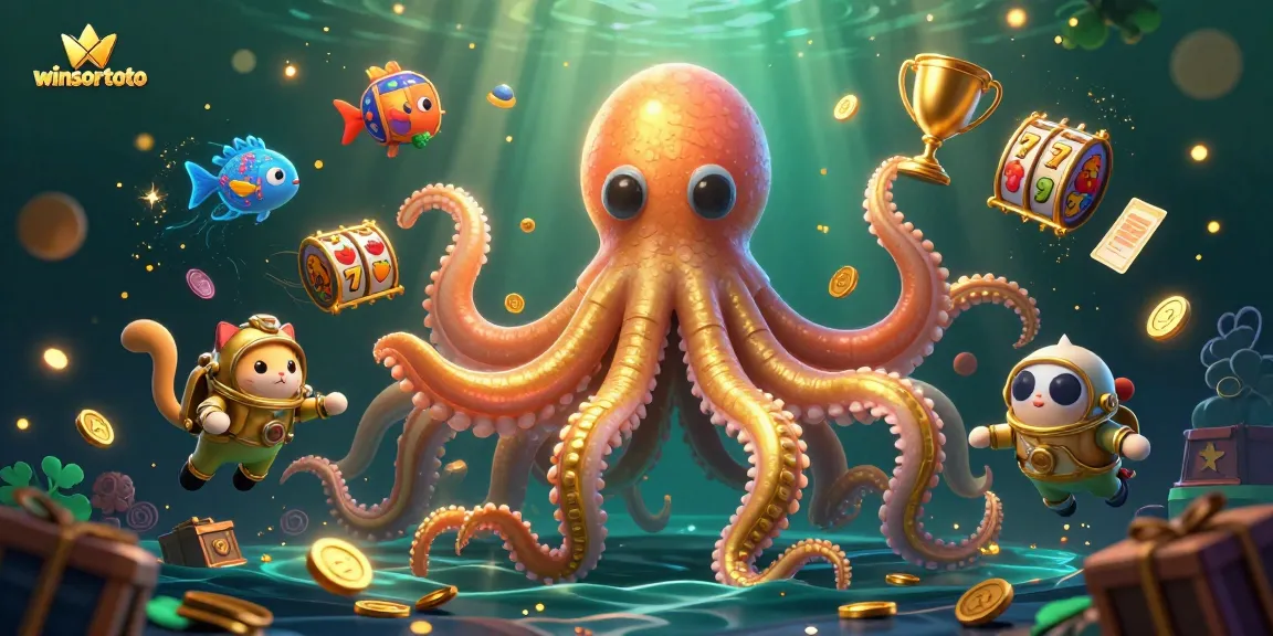 Experience thrilling winsortoto victories with a kraken, diving cat, and glowing fish in a vibrant casino scene.