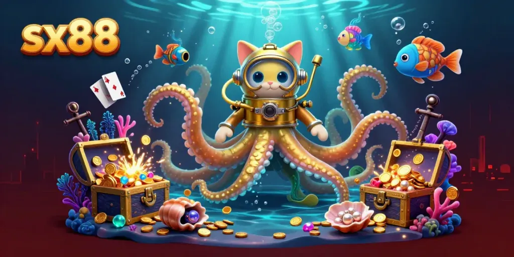 Experience the thrill of sx88 with a colossal kraken and diving cat amidst treasure and casino elements.