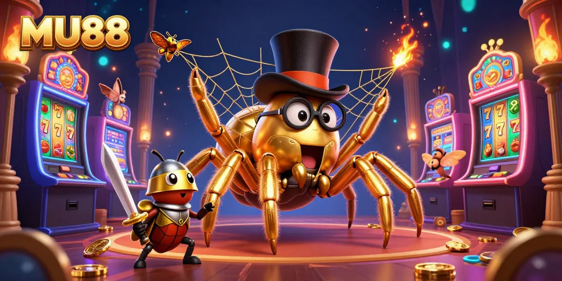 Engage in thrilling casino action at MU88, where a golden tarantula oversees vibrant slot games and treasure.