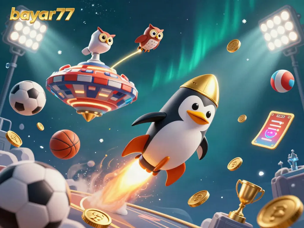Experience bayar77 gaming with a dynamic 3D penguin astronaut and explosive casino elements.