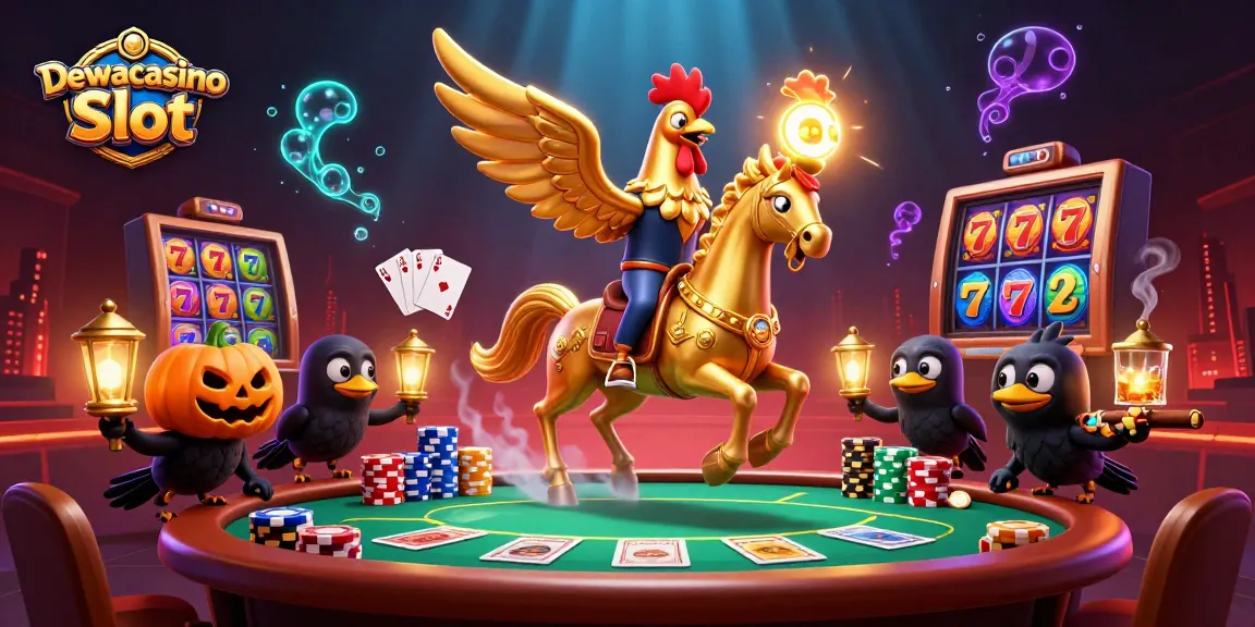 Dewacasino Slot illustration showcasing a golden rooster with poker and slot elements in a vibrant casino scene.