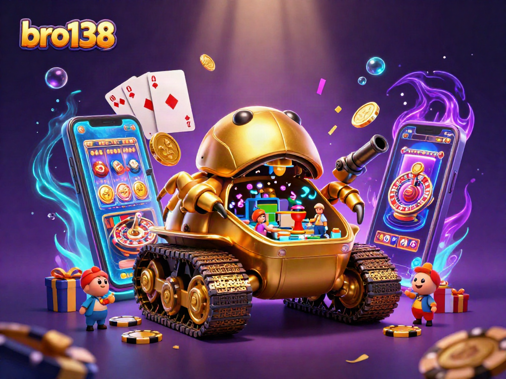Engage with exciting gameplay at bro138, featuring a dynamic 3D casino illustration with vibrant slot games and golden coins.