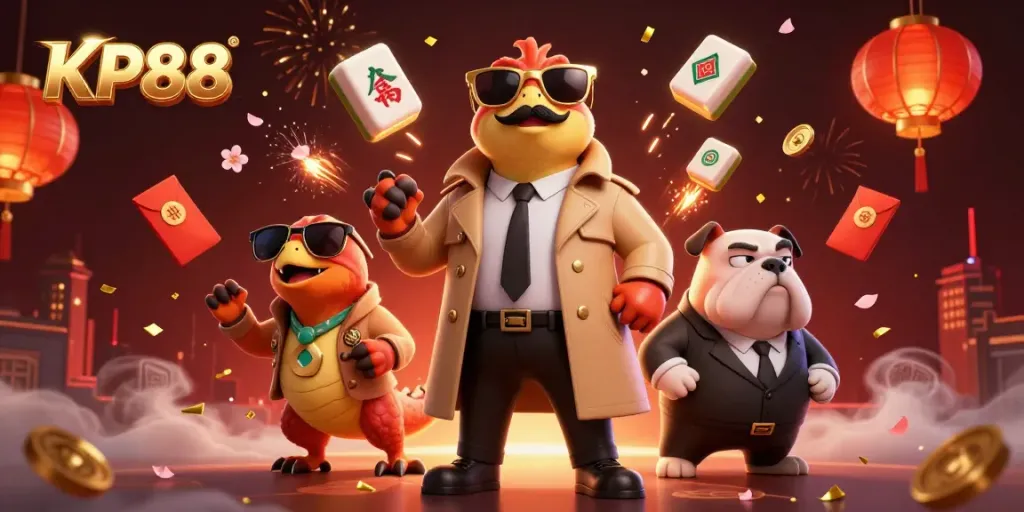 Experience KP88 with three raptors in a trench coat entering a VIP lounge, surrounded by festive casino elements.
