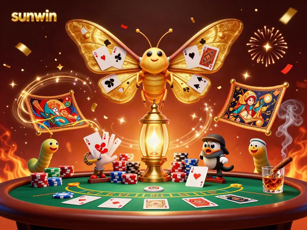 Experience the thrill of sunwin with a 3D vibrant casino scene featuring a stunning moth and cards.
