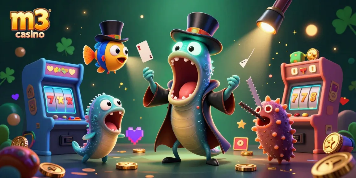 Experience the thrill at m3 casino with vibrant game elements and entertaining characters in a magical scene.