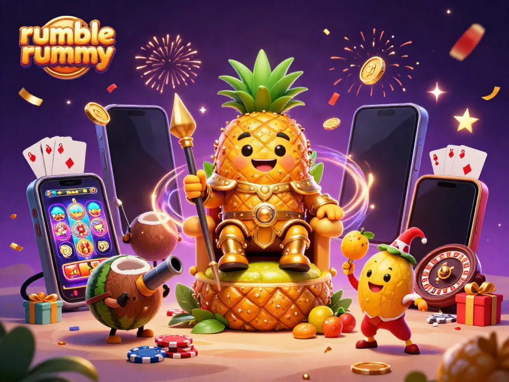 Play rumble rummy with vibrant 3D characters amidst festive casino elements.