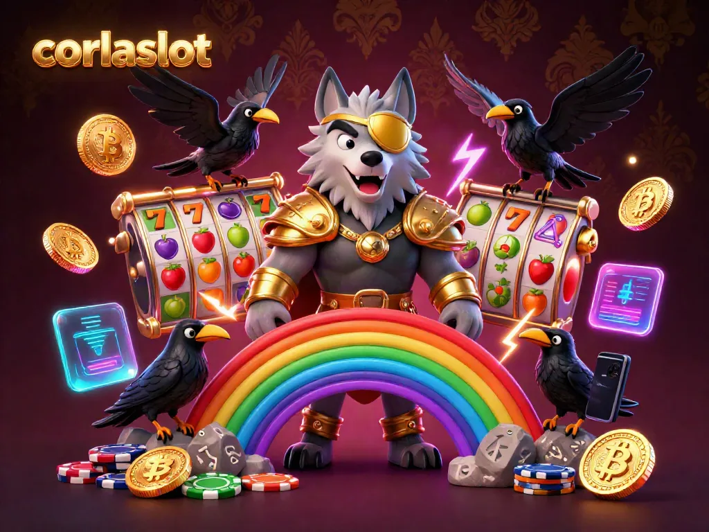 Play slots on corlaslot with Odin and his ravens amidst neon blockchain elements and casino chips.