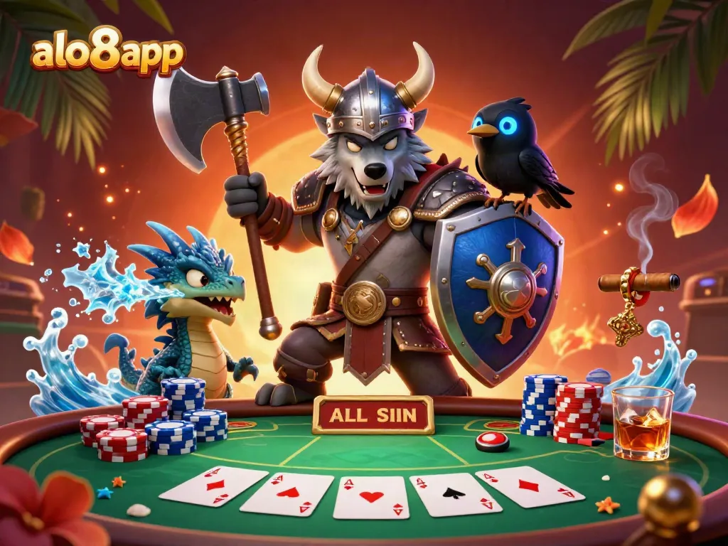 Engage in thrilling poker action with the unique characters from alo8app, surrounded by vibrant casino elements.