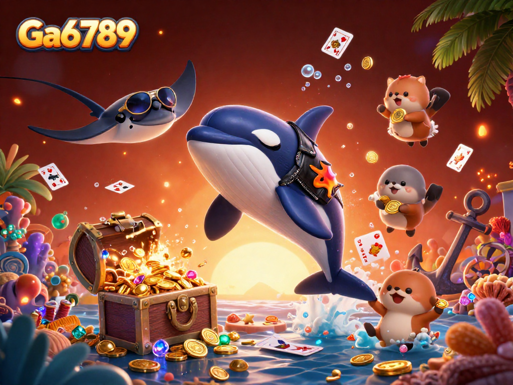 Engage with Ga6789's vibrant 3D underwater casino scene showcasing excitement and treasure.