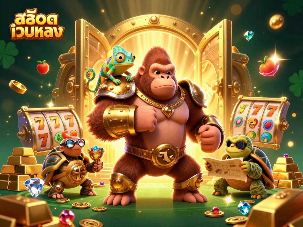 Play thrilling สล็อตเว็บตรง games with a powerful gorilla king and vibrant symbols in action.