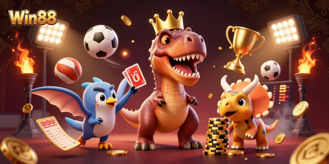 Win88 gaming scene with a T-Rex shuffling cards and chip-stacking characters amidst dynamic sports elements
