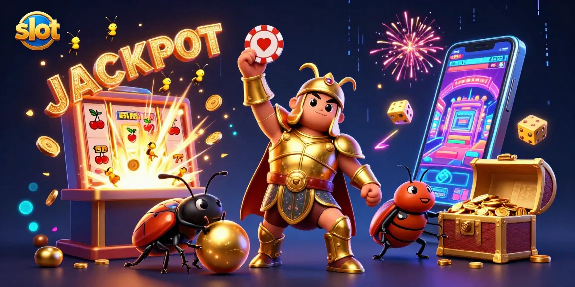 Slot menang besar dengan ilustrasi karakter lucu dan mesin slot menghasilkan koin berkilau