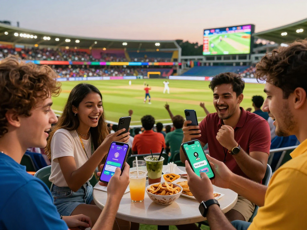 Friends using the FairPlay app to bet on a live cricket match, capturing excitement and engagement.