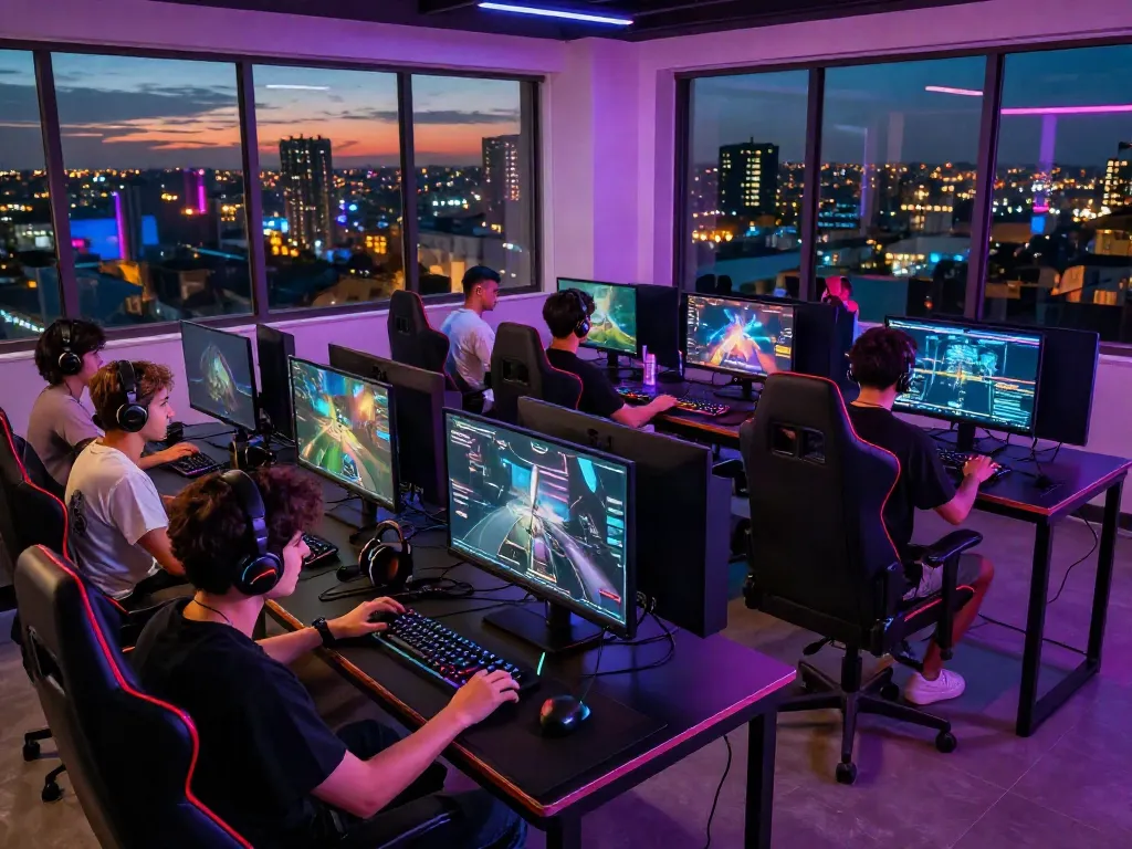 Dynamic Bro138 gaming lounge showcasing gamers engaged in high-performance play.