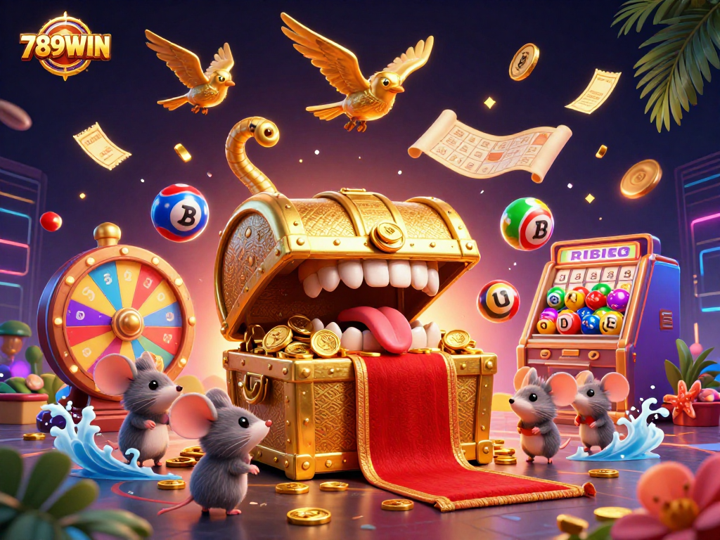 Engage with 789WIN's vibrant casino scene featuring a treasure chest, lively characters, and exciting gaming elements.