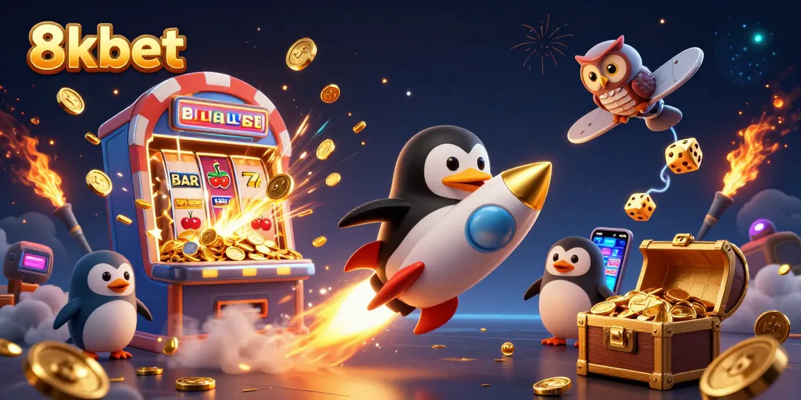 Experience thrilling 8xbet gaming with a golden penguin and casino elements bursting with excitement.