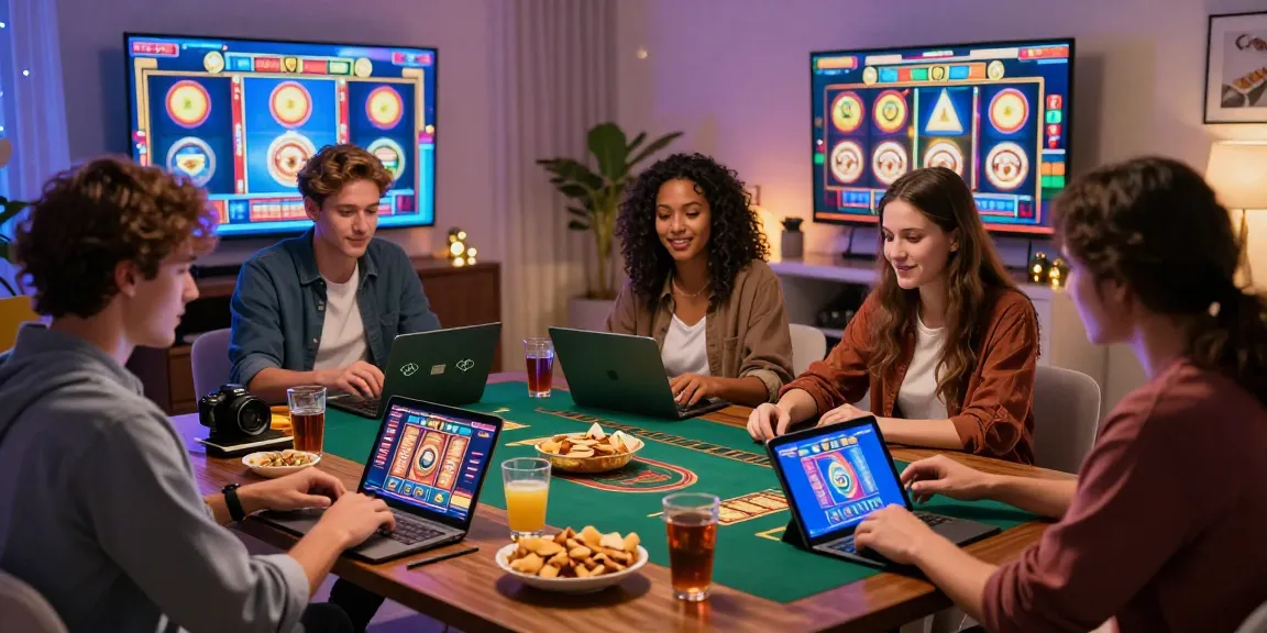 Nongamstop Casino Nacht mit Freunden, die online spielen und Snacks genießen.
