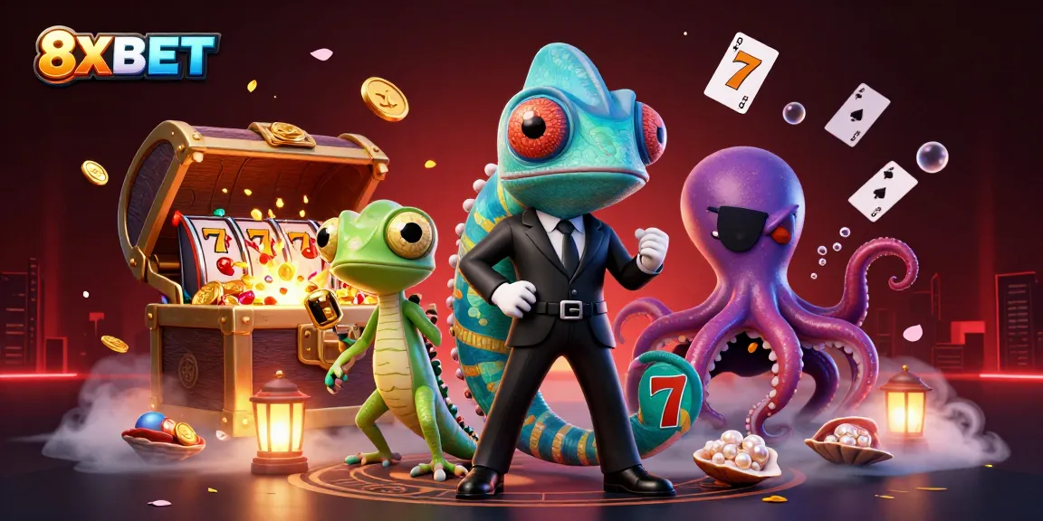 Experience thrilling gameplay with 8XBET's vibrant casino atmosphere featuring dynamic characters and slot elements.