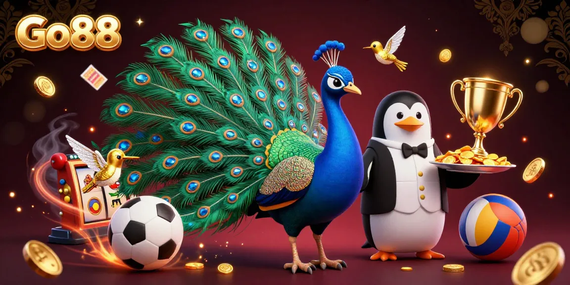 Experience the thrill of Go88 with vibrant casino elements and an energetic peacock showcasing luck and wealth.