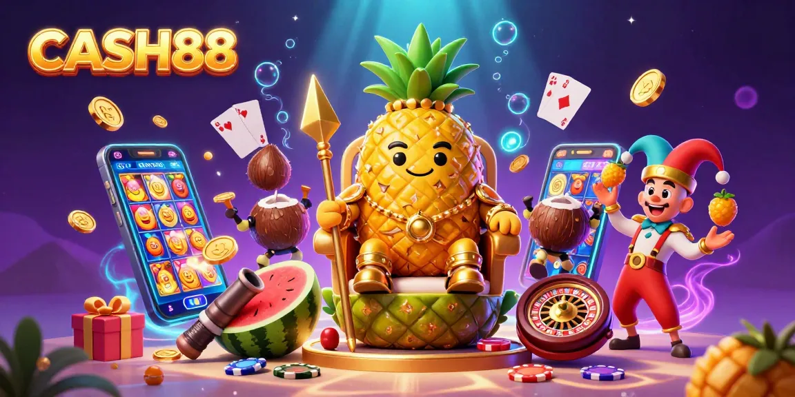 CASH88 slots action with a golden pineapple king and vibrant casino elements, showcasing rewards.